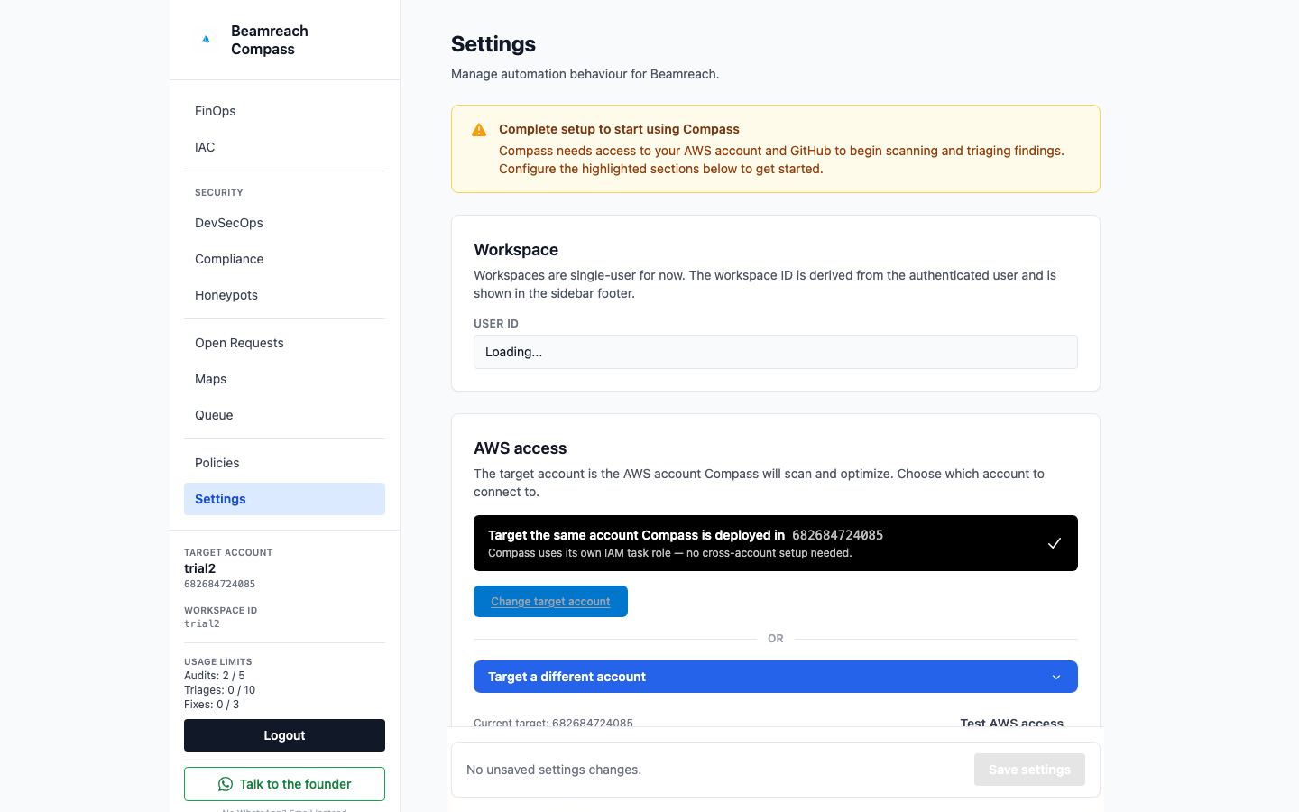 Compass settings: AWS target connected, GitHub not yet connected