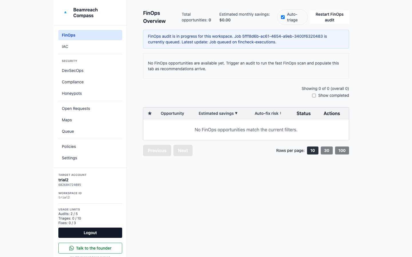 Compass FinOps tab with cost findings