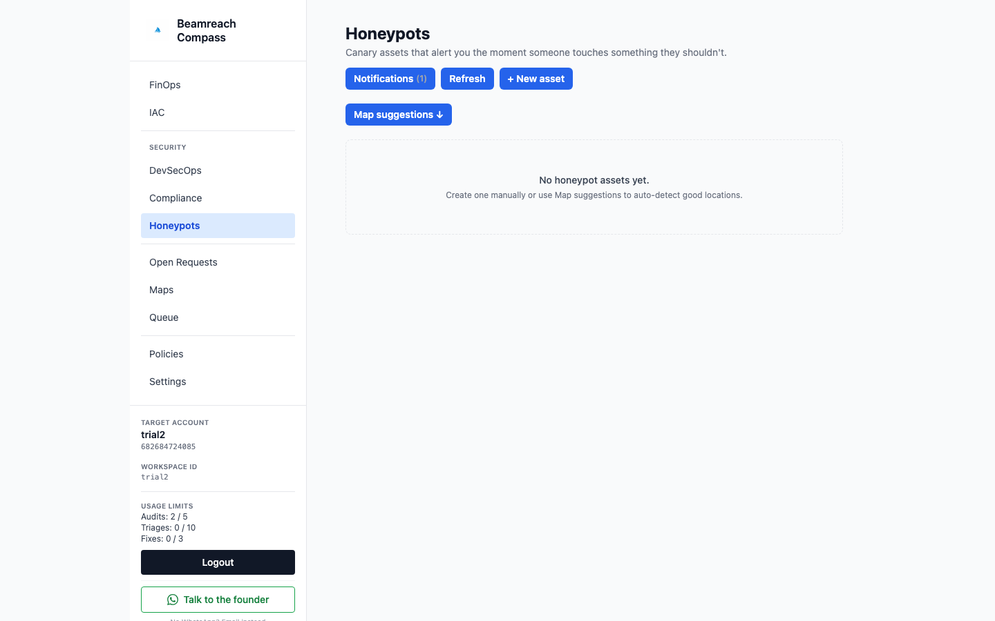 Compass honeypots tab with map suggestions